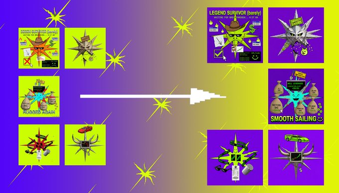 A colorful graphic showing a comparison between two sides with star-shaped designs, labeled 'LEGEND SURVIVOR (barely)' and 'SMOOTH SAILING' on purple backgrounds.