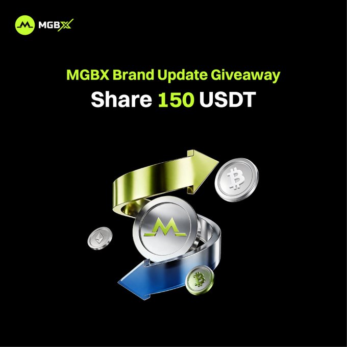 An advertisement for 'MGBX Brand Update Giveaway' offering to 'Share 150 USDT' featuring 3D rendered cryptocurrency coins and arrows.