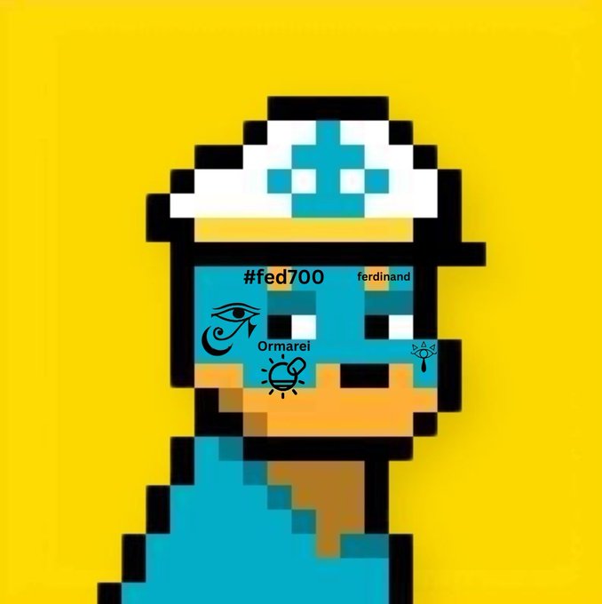 A pixel-art character on a yellow background, featuring a blue-skinned figure with an Eye of Horus tattoo on its face and a white-brimmed cap with a blue symbol, accompanied by text including "#fed700," "ferdinand," and "Ormarei," likely depicting @SolOnChain's community persona.