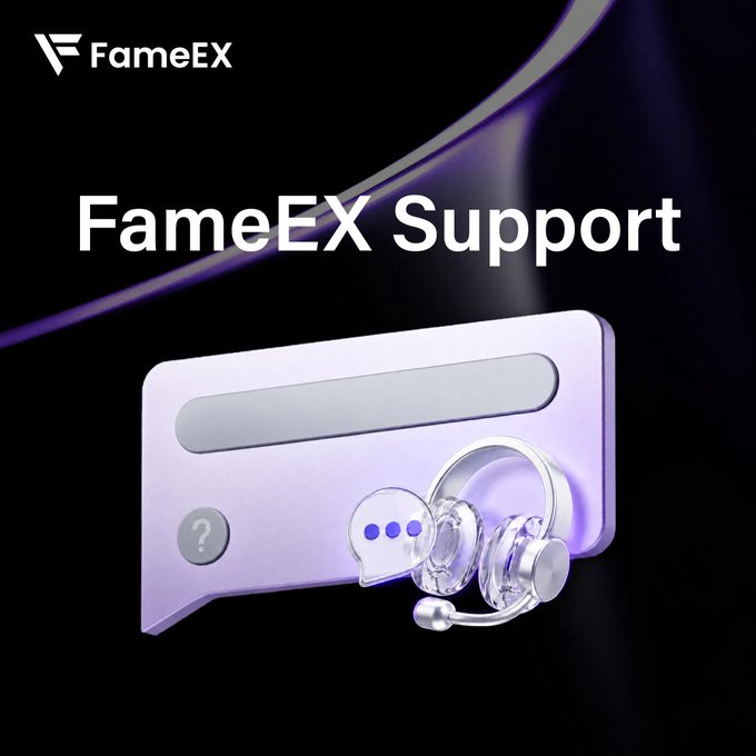A promotional graphic for FameEX Support showing a 3D chat bubble icon with a headset and speech bubble on a dark background.