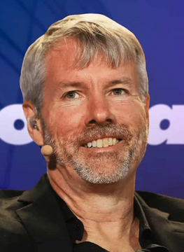 A smiling gray-haired man with a goatee speaks into a headset microphone, with a blurred blue background. The image accompanies a post about Michael Saylor reiterating his "never sell" stance on Bitcoin while noting that Strategy, as a public company, operates under different principles.