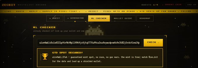 The ZECRIT website displays a WL Checker tool that has confirmed a GTO spot secured for a user, with instructions to claim it via a shielded wallet.