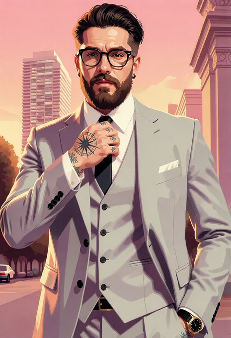 A stylized digital illustration of a bearded man in a light gray suit and glasses, displaying compass tattoos on his hand, set against an urban backdrop with a sunset sky.