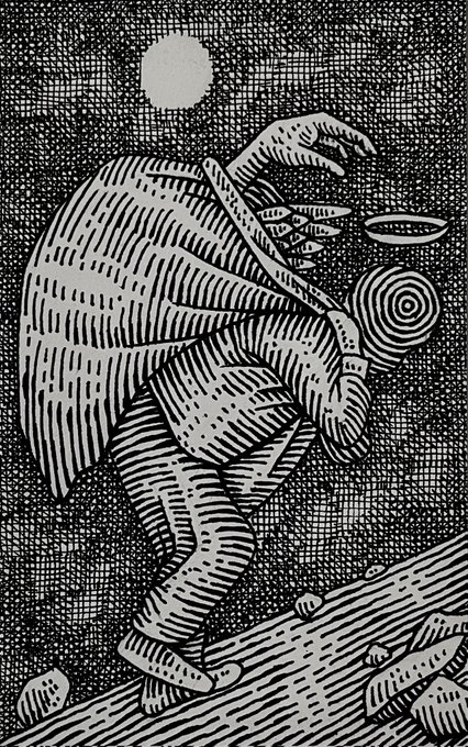 A black-and-white linocut-style illustration depicts a hooded, faceless figure carrying a large sack over a rocky path under a moonlit sky, evoking themes of burden or wandering. The post mentions "GM Only 2 editions left 2 Tez," suggesting this artwork is one of only two remaining editions of a digital collectible listed for sale at 2 Tez (Tezos).