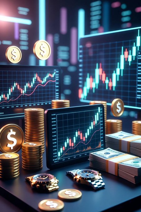 Stylized digital artwork depicting cryptocurrency trading, featuring candlestick charts on monitors, gold coins, dollar bills, and luxury watches in a neon-lit setting.