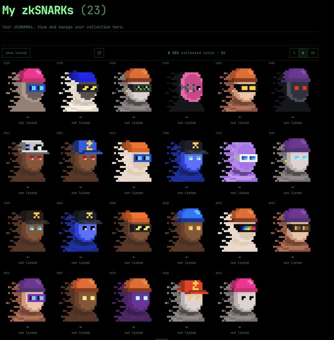 The image displays a digital collection page titled "My zkSNARKs (23)" showcasing 23 pixelated character avatars with varied colors and accessories, all marked as "not listed" with a 0 ZEC estimated value. This appears to support the post's defense of NFTs as legitimate digital art, showing a personal collection of 23 character-based NFTs where no utility was promised—aligning with the author's argument that speculative digital art purchases aren't inherently a "grift" when buyers willingly pay their desired price.