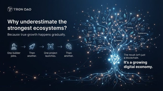 A promotional slide for 'TRON DAO' asks 'Why underestimate the strongest ecosystems?' and illustrates growth from 'One builder joins' to 'a growing digital economy' with a glowing blockchain tree graphic.