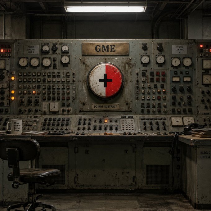 A gritty industrial control room with vintage analog gauges, dials, and switches on a weathered console. A prominent central dial displays a red and white crosshair symbol beneath a "GME" plaque, with "DO NOT SUBTRACT" written below it, and a coffee mug reading "Make Shares Better Days" sits on the left side of the desk.