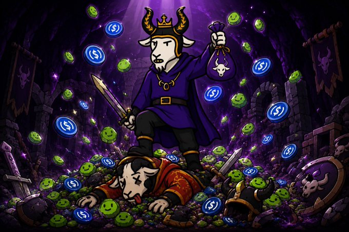 Digital artwork of a crowned goat-like character in a purple robe holding a sword and a skull money bag, standing over a fallen character, surrounded by green and blue crypto coins in a dark dungeon.