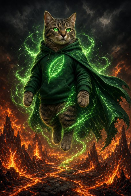 Fantasy artwork of a tabby cat wearing a green hoodie and flowing cape, surrounded by green magical energy, floating above a fiery lava landscape.