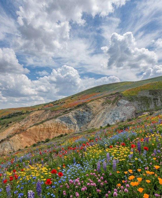The image shows a beautiful, colorful field with wildflowers at the base of a hillside. The flowers are in full bloom, creating a vibrant scene against the backdrop of the mountain range. The sky above is filled with clouds, adding depth and texture to the landscape. The photo appears to be taken during the day under cloudy skies, capturing the essence of springtime on the mountainside.