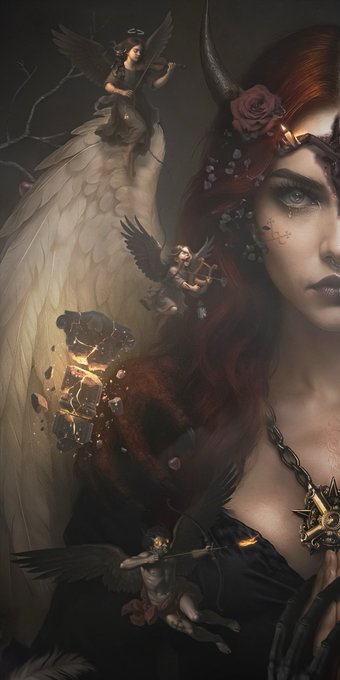 A dark fantasy digital illustration of a red-haired woman with horns, roses in her hair, and angelic wings, accompanied by cherub-like figures and shattered floating stones.