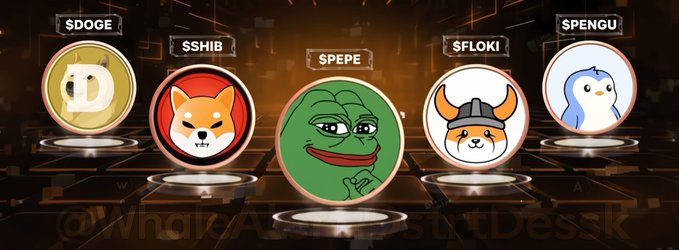 A game-style selection screen displays five circular character icons labeled “$DOGE,” “$SHIB,” “$PEPE,” “$FLOKI,” and “SPENGU,” each framed by a ring against a dark background.