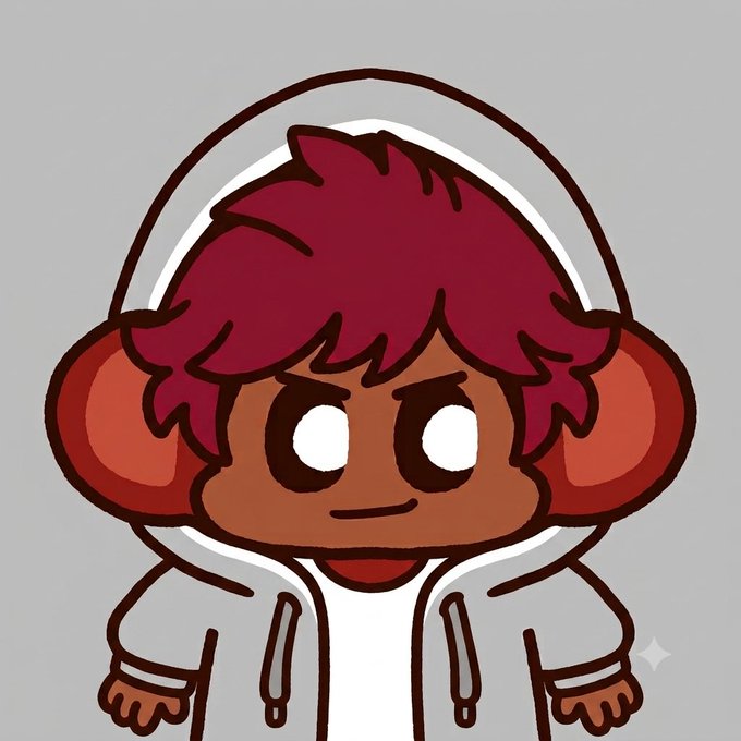 A cartoon-style chibi character with red hair, brown skin, large white eyes, wearing a white hoodie with red accents.
