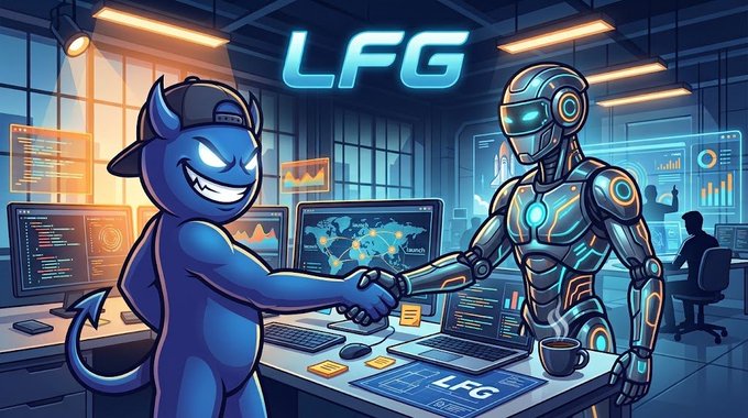 An illustration depicts a blue devil mascot wearing a cap shaking hands with a futuristic armored robot in a high-tech office setting, with "LFG" displayed prominently on screens.