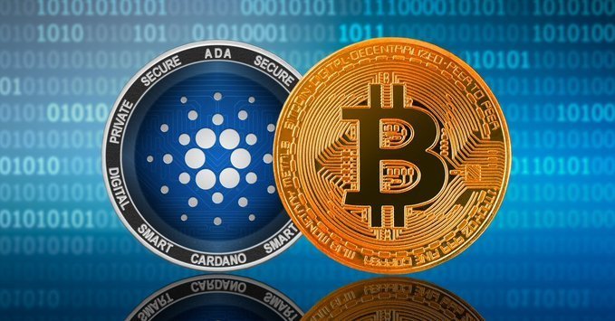 A Bitcoin and Cardano (ADA) coin are displayed side by side against a digital binary code background, with the Bitcoin coin showing its iconic "B" symbol and the Cardano coin labeled "ADA" along with words like "SECURE," "PRIVATE," "DIGITAL," and "SMART." The image visually pairs the two cryptocurrencies referenced in the post about speculating Cardano's price relative to a hypothetical $200,000 Bitcoin.