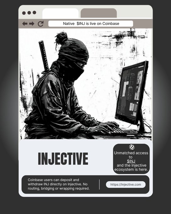 A stylized black-and-white illustration shows a ninja-like figure with a katana on their back, working at a computer displaying the Injective interface, overlaid with browser elements reading "Native $INJ is live on Coinbase." The artwork visually reinforces the post's message of a "clean, native on-ramp" by depicting a silent, seamless entry—no bridges, no wrappers—directly into Injective's finance stack, matching the text: "Coinbase users can deposit and withdraw INJ directly on Injective. No routing, bridging or wrapping required."