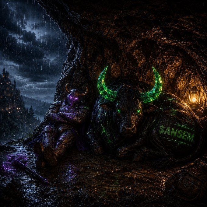 A dark fantasy digital artwork depicting an armored knight with a purple-glowing helmet sitting beside a large bull-like creature with glowing green horns, with '$ANSEM' branded on its side, set in a rainy cave environment.