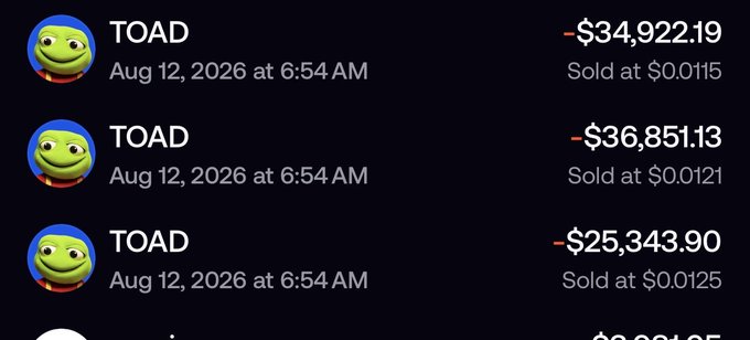 The image shows a series of large sell orders for the meme token "TOAD" on August 12, 2026, with amounts of −$34,922.19, −$36,851.13, and −$25,343.90 at prices ranging from $0.0115 to $0.0125, suggesting significant profit-taking that contradicts the earlier post claiming the coin wouldn't top at a $20 million market cap.