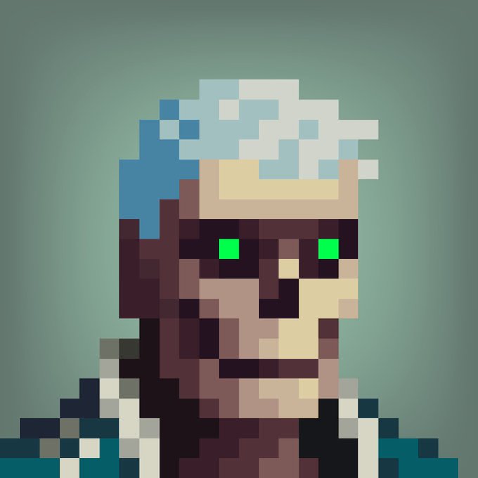 A pixel art portrait of a character with a white and blue head covering, green eyes, and a beaded necklace against a teal background.