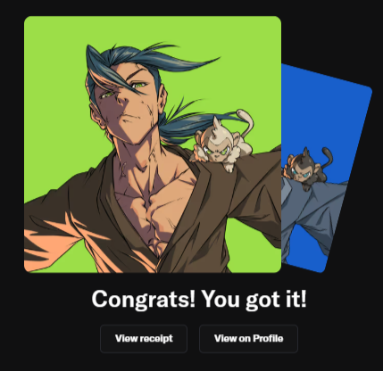 A "Congrats! You got it!" card-collecting screen showing an anime-style warrior with blue hair on a green card, alongside a partial blue card featuring a small white creature.