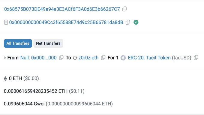 The image shows an Etherscan transaction record confirming the minting of 1 Tacit Token (tacUSD) to address z0r0z.eth, with a transaction hash starting 0x68575B and a minimal gas fee of 0.000061659 ETH (~$0.11). This visualizes the launch of the privacy-focused tacUSD stablecoin, demonstrating the first confidential USD token being created on the Ethereum network.