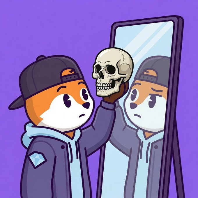 An anthropomorphic fox wearing a cap and hoodie holds a skull up to a mirror, revealing its own reflection, paired with a casual "GM!" (Good Morning) greeting—a common crypto/NFT community salute, where the skull symbolizes confronting one's true self.