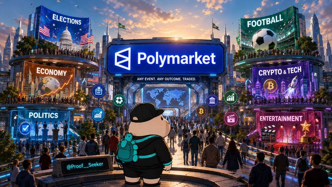 A vibrant digital illustration depicting a Polymarket trading hub with sections for Elections, Football, Economy, Crypto & Tech, Politics, and Entertainment, with a cartoon character in the foreground credited to @Proof_Seeker.