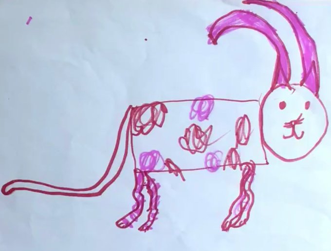 A child's drawing in pink/purple marker on white paper depicting a spotted animal with large ears, long legs, and a long tail.