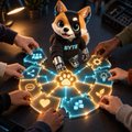 A small image showing multiple hands joined together in a circle, surrounded by glowing blue cryptocurrency and blockchain icons.
