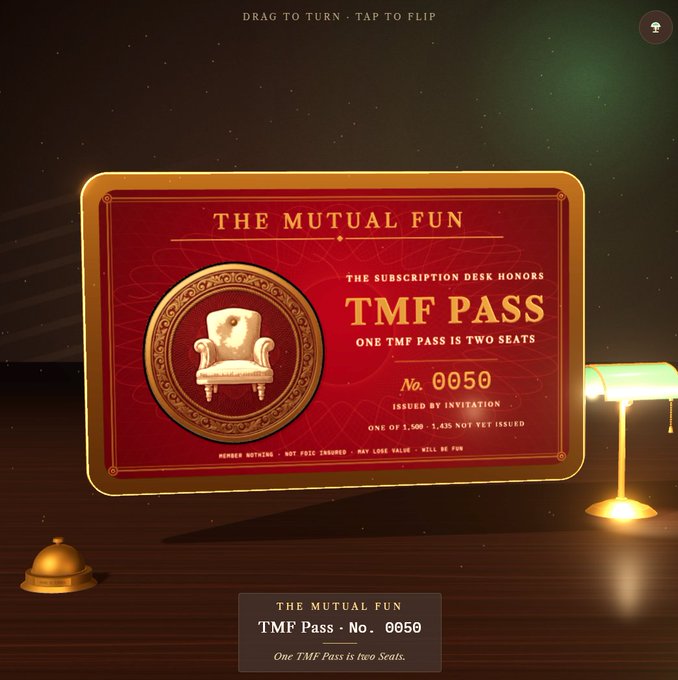 A digital "TMF Pass - No. 0050" for "THE MUTUAL FUN," featuring a gold-framed armchair design on a red background, with text indicating "One TMF Pass is two Seats."