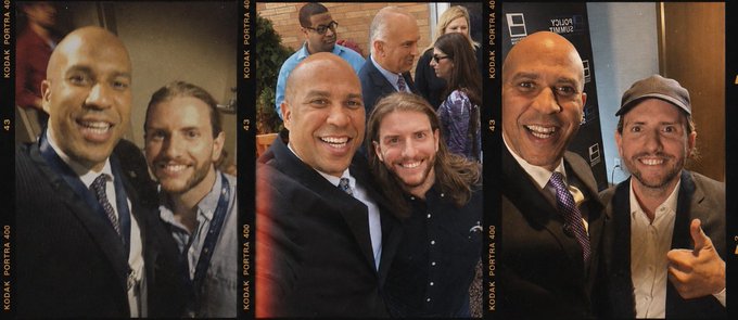 A triptych of film-strip-style photos showing Senator Cory Booker posing with three different men in various indoor settings.