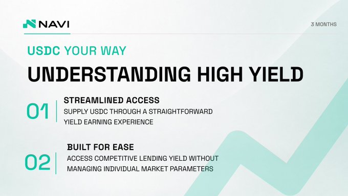 A light green slide titled 'NAVI - USDC YOUR WAY: UNDERSTANDING HIGH YIELD', explaining streamlined access and built-for-ease features for 3 months.
