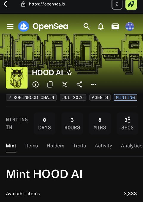The image shows an OpenSea page for "HOOD AI" with a mint countdown of 0 days, 3 hours, 8 minutes, and 38 seconds remaining, and notes 3,333 available items. The countdown aligns with the post announcing a 3-hour-out mint for HoodAI0x, confirming the upcoming mint window for the GTD and public sections.