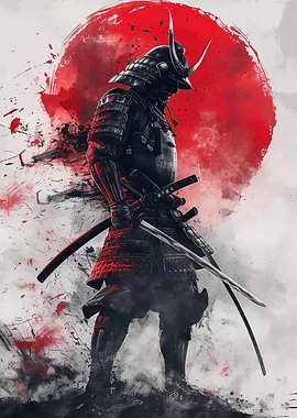 A samurai warrior in traditional armor stands with swords drawn against a large red sun, rendered in a striking black, white, and red ink-splash style.