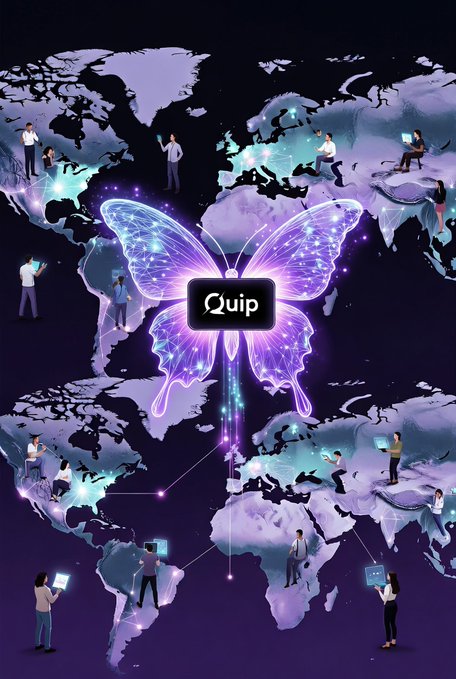 A digital illustration of a glowing purple butterfly with the Quip logo in its center, superimposed over a world map with small figures of people connected by light beams across continents.