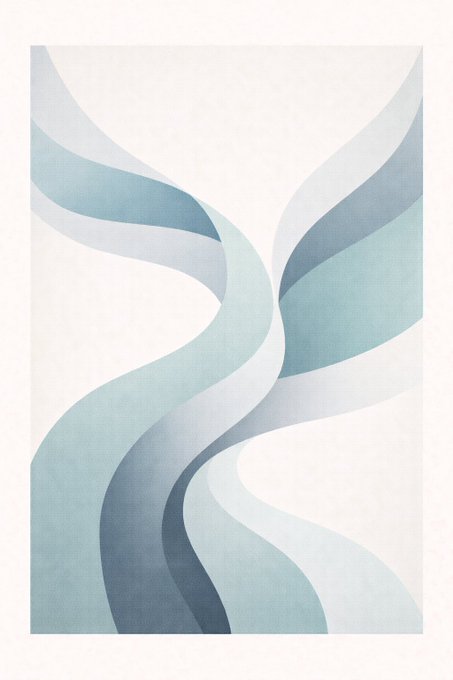 An abstract painting features flowing, ribbon-like waves of blue and white curving and intertwining across a pale background.