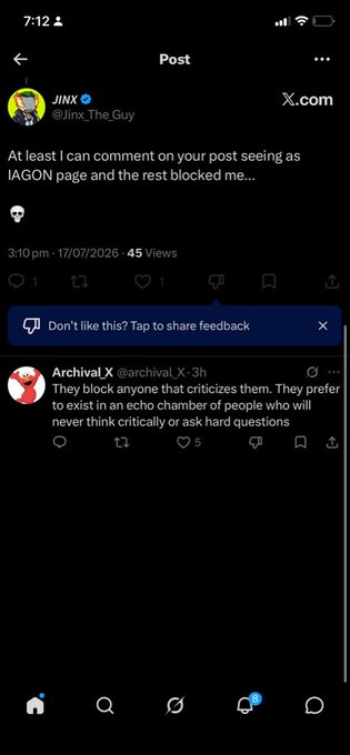 A screenshot of an X post from JINX (@Jinx_The_Guy) commenting "At least I can comment on your post seeing as IAGON page and the rest blocked me..." with a reply from Archival X stating that IAGON blocks anyone who criticizes them, directly tying into the poster's accusation of IAGON as hypocritical and pointing out the lack of innovation.