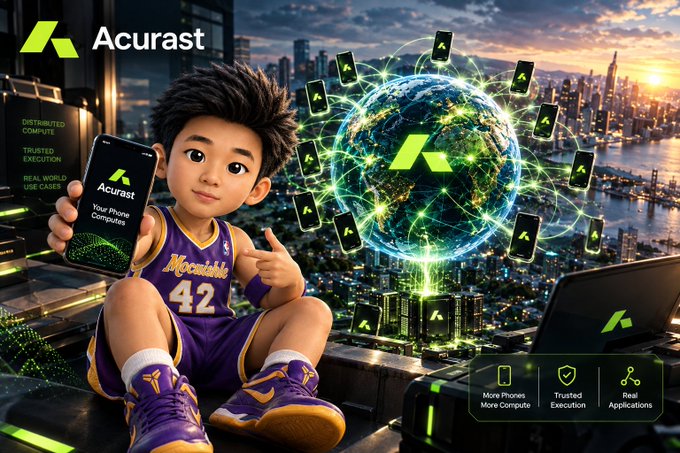A promotional graphic for 'Acurast' features a cartoon boy in purple 'Movable 42' attire holding a smartphone displaying the platform, surrounded by a glowing globe and connected devices in a futuristic cityscape.