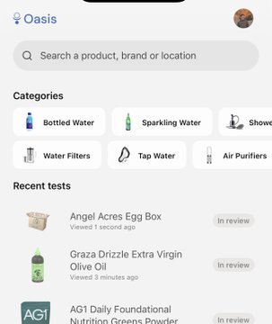 The image shows an app screen with a search bar at the top, displaying various categories such as "water filters", "shower water", "bottled water", and "air purifiers". The app also has a section for reviewing products on Oasis. A person's name is visible in the bottom right corner of the image.