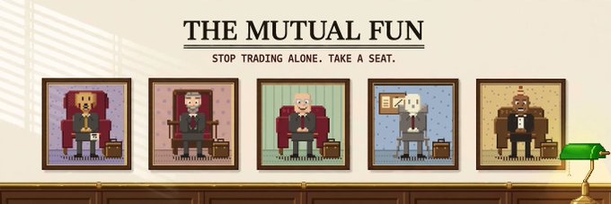 A banner for "The Mutual Fun" featuring the tagline "Stop Trading Alone. Take A Seat." displays five pixel-art portraits of characters seated in chairs, with a green lamp on the right side, visually representing the community seats described in the post about the Robinhood Chain on-chain mutual fund.