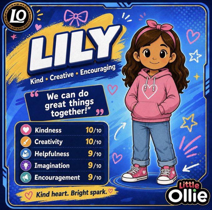 A trading card-style graphic featuring a character named 'LILY' with the tagline 'Kind heart. Bright spark.', displaying stats like 'Kindness 10/10' and 'Creativity 10/10' for a 'Little Ollie' design.