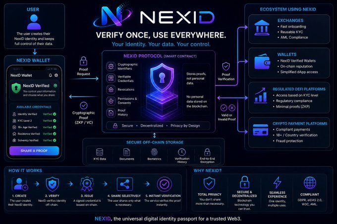 An infographic for 'NEXID - VERIFY ONCE, USE EVERYWHERE,' detailing a digital identity protocol for KYC, wallets, crypto payments, and DeFi platforms.