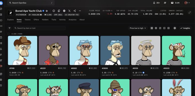 An OpenSea NFT collection page for "Bored Ape Yacht Club" shows various ape avatars with floor price of 5.8499 ETH and other market stats.