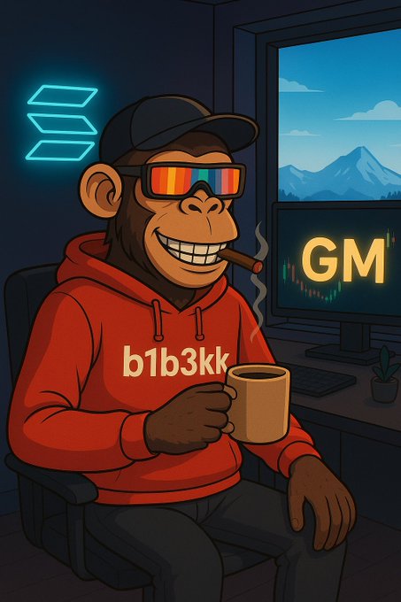 A cartoon monkey wearing sunglasses and a red hoodie with 'b1b3kk' text, smoking a cigar and holding a mug, with a Solana logo on the wall and a monitor showing 'GM'.