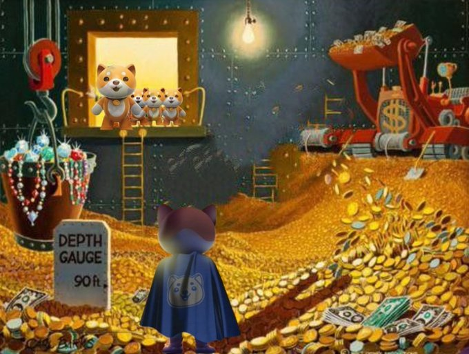 An illustrated scene featuring Shiba Inu (Doge) characters in a vault filled with gold coins and cash, with one dog wearing a blue cape looking at a sign that reads 'DEPTH GAUGE 90 ft.'