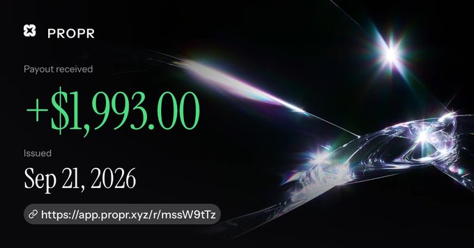 A user showcases a $1,993.00 payout received from Propr on September 21, 2026, claiming it as their first earnings from the platform after just 29 minutes using the Tradingview plugin.