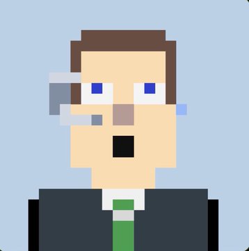 A low-resolution pixel art portrait of a man with brown hair, glasses, and a green tie against a light blue background.