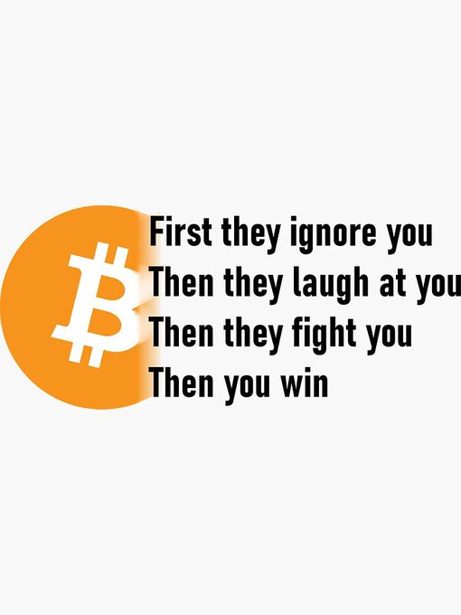 An orange Bitcoin logo appears next to a four-stage quote—"First they ignore you / Then they laugh at you / Then they fight you / Then you win"—referencing Gandhi's famous saying to suggest Bitcoin is now in the "fight you" stage as it faces its first fork in nine years, with the poster aligning themselves with a purist view that Bitcoin is money and Ordinals/JPEGs/NFTs are damaging to it.