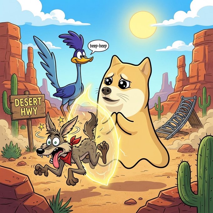 Cartoon illustration of a coyote with its tongue out, a roadrunner labeled 'beep-beep' above, and a worried-looking Shiba Inu in a desert landscape near a 'Desert Hwy' sign.